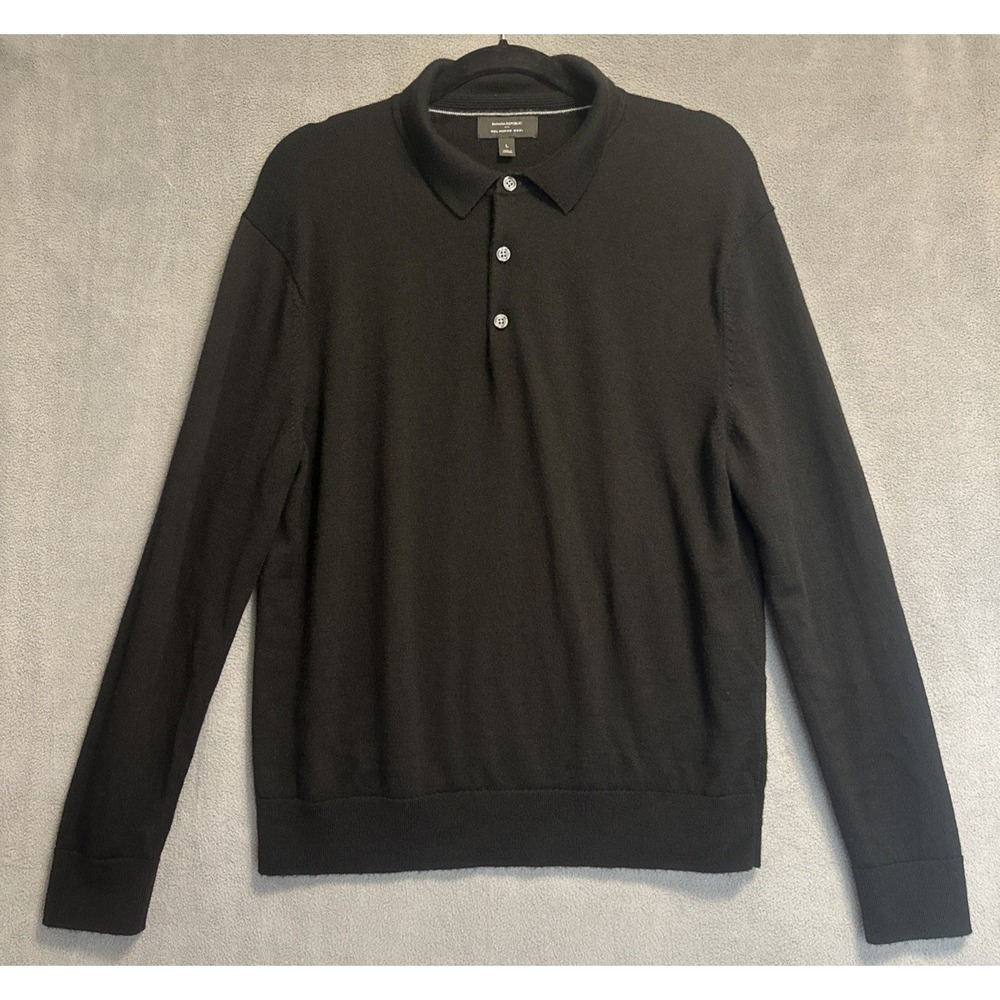 Banana Republic Sweater Polo Mens L Black Merino Wool Slim Long Sleeve 486764-00